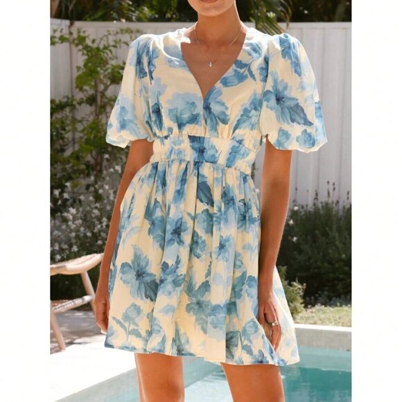 Blue Elegant Women's Floral V-Neck Gathered Waist Petal Sleeve A-Line Mini Dress - Picture 5 of 9